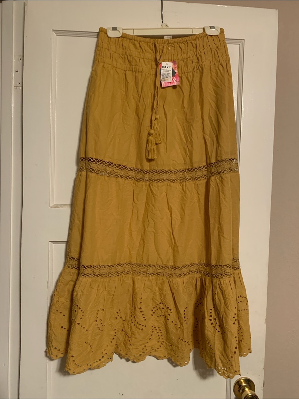 Roxy Women's Mustard Tiered Maxi Skirt with Eyelet Trim